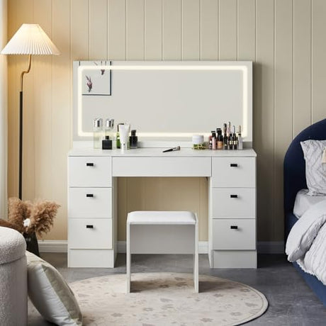 TUKAILAi 46" Vanity Desk with Large HD Mirror, LED Lights & Power Outlet, Touch Control 3 Color Lighting Modes Adjustable, Modern Hollywood Makeup Vanity Set with 7 Drawers & PU Cushioned Stool TUKAILAi
