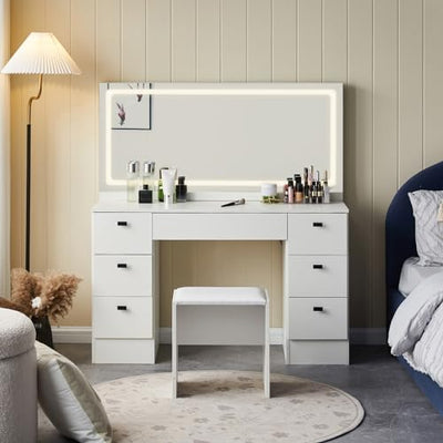 TUKAILAi 46" Vanity Desk with Large HD Mirror, LED Lights & Power Outlet, Touch Control 3 Color Lighting Modes Adjustable, Modern Hollywood Makeup Vanity Set with 7 Drawers & PU Cushioned Stool