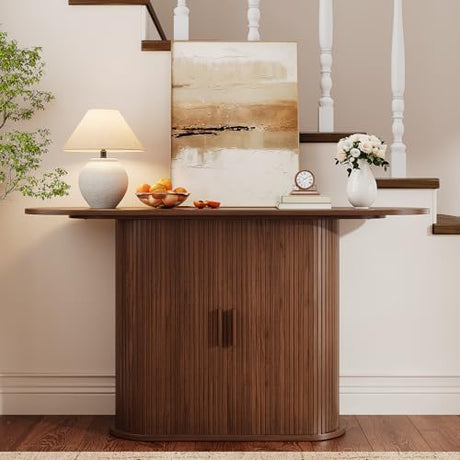 55 Inch Console Table with Storage, Fluted Entryway Tables with Sliding Doors, Sofa Table Behind The Couch, Hallway Tables, Mid-Century Modern Foyer Table for Entryway, Hallway, Living Room, Walnut ONBRILL