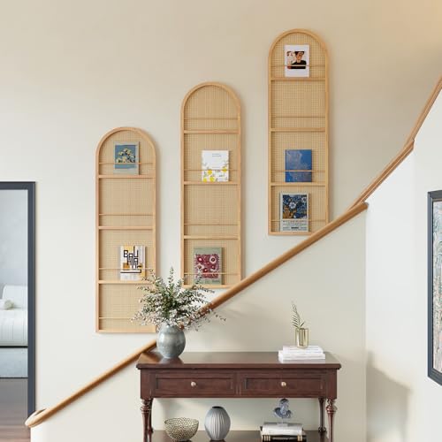 Rattan Room Divider with Bookshelf,Foldable Privacy Screen Partition,Wooden Frame,Natural Portable for Living Room,Bedroom Home,Office Reading Nook (Natural, 3 Panels) Svimi