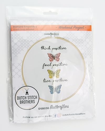 DUTCH STITCH BROTHERS Butterflies Embroidery Starter Kit with Pattern and Instructions. Stamped Embroidery Kits with Embroidery Clothes with Pattern. 6" Embroidery Hoop