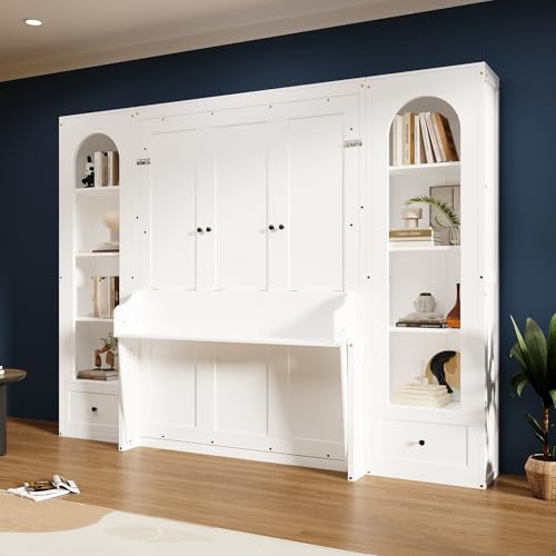 GDFStudio Queen Size Murphy Bed Frame with Shelves, Side Cabinets, Drawers & LED Lights, French Style Wall Bed with Desk, Solid Pine Wood & MDF Space-Saving Furniture, White GDFStudio