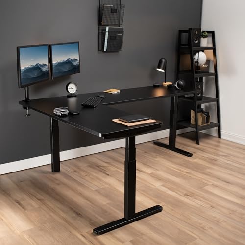 VIVO Electric Height Adjustable 83 x 60 inch Corner Stand Up Desk, 2 Black Solid Table Tops, Black Frame, Memory Controller, L-Shaped Workstation, 3E Series, DESK-KIT-3E8B VIVO