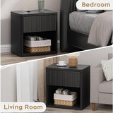 Yechen 22.8" W Black Nightstand Set of 2 with Hidden Drawers and Open Shelves, Mid Century Modern Nightstand Curved Profile, Large Wood Fluted Night Stand, Accent Bedside End Table Yechen