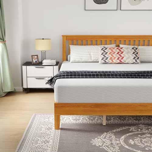 PayLessHere Solid Wood Platform Bed Frame with Headboard - King Size, Brown, No Box Spring Required - WoodArtSupply