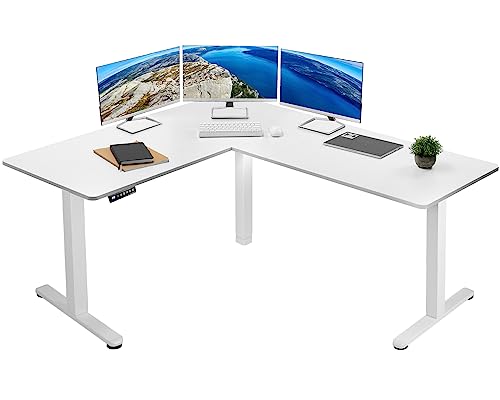 VIVO Corner Standing Desk, 63 x 55 inch Reversible L-Shaped Workstation, Electric Height Adjustment, Home, Office, and Reception Rooms, White Table Top White Frame, DESK-E3CTW VIVO