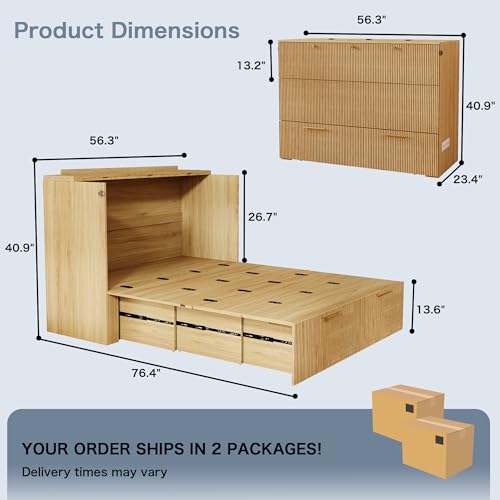Jotirxe Full Size Murphy Bed: Murphy Cabinet with Charging Station & Large Drawers, Fluted Cabinet Bed with Foldable Panel for Guest Room, Living Room and Office, Oak Jotirxe