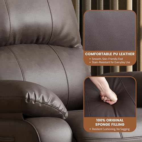 Attalee Leather Swivel Rocker Recliner Chair, Traditional Manual Chair, Upholstered Nursery Glider Rocking Recliner, Comfy Faux Leather Single Sofa with Pocket Spring for Living Room, Dark Brown