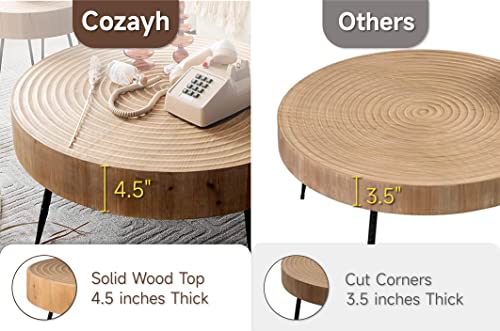 COZAYH 2-Piece Modern Farmhouse Living Room Coffee Table Set, Nesting Table Round Natural Finish with Handcrafted Wood Ring Motif, Wood Colour - WoodArtSupply