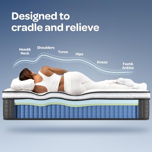 OhGeni 14 Inch Cooling Queen Size Mattress, Hybrid Gel-Infused Memory Foam Bed Mattresses in a Box, Medium Feel Cool Top Fabric,Individual Pocket Innerspring, 3-Zone Design & Reinforced Edge Support OhGeni