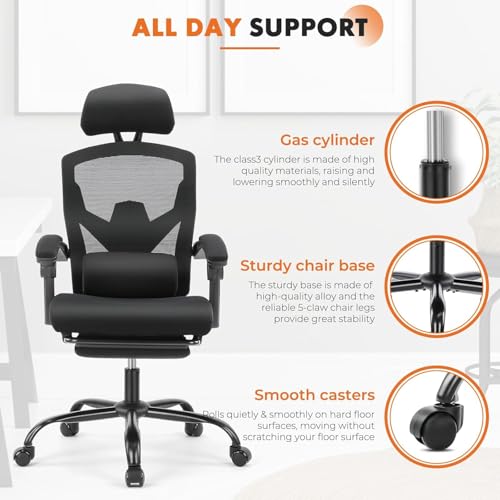 Sweetcrispy Office Computer Desk Chair, Ergonomic High-Back Mesh Rolling Work Swivel Chairs with Wheels, Comfortable Lumbar Support, Comfy Arms for Home, Bedroom, Study, Student, Black Sweetcrispy