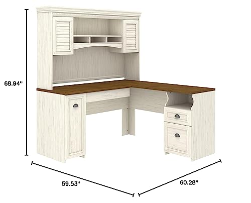 Bush Furniture Fairview L Shaped Desk with Hutch in Antique White - WoodArtSupply