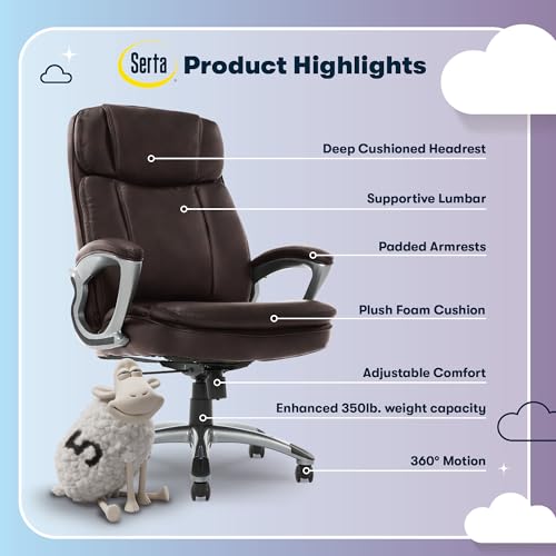 Serta Fairbanks Big & Tall Executive Office Chair, Ergonomic Comfy High-Back ComputerChairs with Lumbar Support, Semi-Plush Seat Cushion, Padded Armrests, Nylon Swivel Base, Bonded Leather, Brown Serta