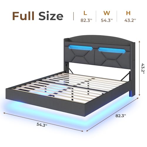 ADORNEVE Full Size Floating Bed Frame with RGB LED Lights and Charging Station, Upholstered Platform Bed Frame with Storage Shelf Headboard, Solid Wood Slats, Noise Free, Easy Assembly, Dark Grey ADORNEVE