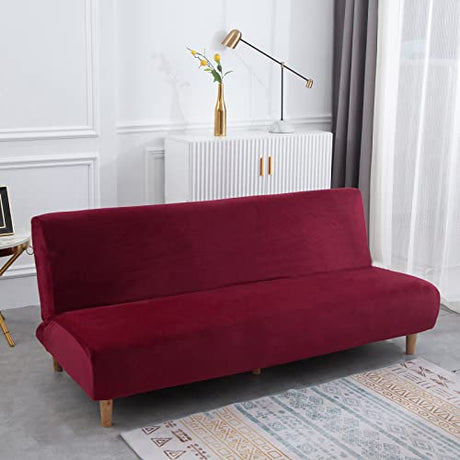 MIFXIN Armless Futon Slipcover Folding Sofa Cover Velvet Stretch Elastic Couch Furniture Protector for Foldable Futon Sofa Bed Without Armrests (Red) MIFXIN