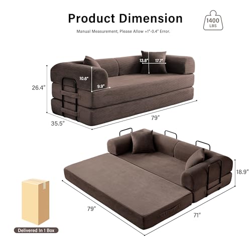 Reiboco 79" 5-in-1 Folding Convertible Sofa Bed, Oversized Corduroy Futon Floor Couch with Pull-Out Sleeper, Modular Boneless Loveseat for Small Spaces, Living Room, Bedroom (Brown) Reiboco