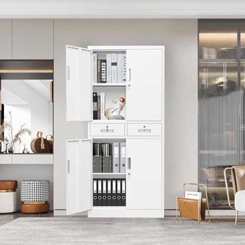 YEEZER Metal Storage cabinets, with 2 Adjustable Shelves, Lockable 71 "H Steel Garage Cabinet with 2 Drawers, Suitable for Offices, garages, Warehouses, Schools, and Homes (White) YEEZER