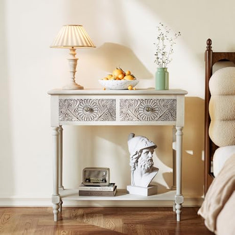 SUNBURY 31.5" W Vintage Console Table with 2 Drawers, Small Entryway Table with 2-Tier Storage Shelves,Beige Side Table for Living Room, Entryway SUNBURY
