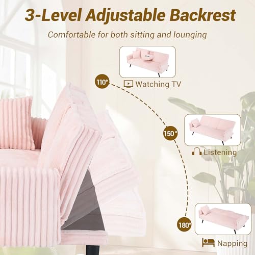 72" Modern Corduroy Sofa Bed Futon,Convertible Sleeper Couch Bed with Cup Holder,4 Reclining Positions,Folding Sofa Cloud Loveseat for Small Living Room Apartment Office (Pink-New) Majnesvon