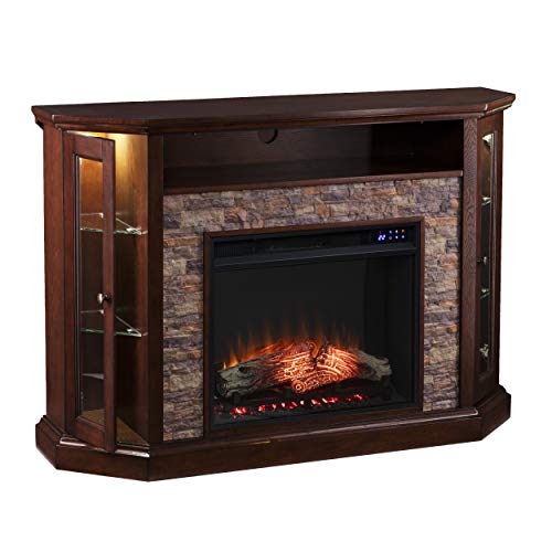 SEI Furniture Redden Faux Stone Corner Convertible Electric Fireplace with Media Storage, New Espresso SEI Furniture