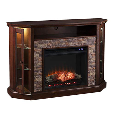 SEI Furniture Redden Faux Stone Corner Convertible Electric Fireplace with Media Storage, New Espresso SEI Furniture
