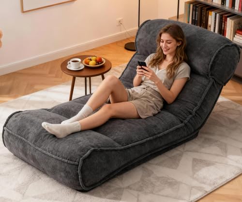 SUNPEAK Lazy Floor Bed 83" – Extra Comfy Sleeper Chaise Lounge Chair Indoor, Adjustable Recliner Floor Lounger, Plush Futon Chair Bed for Yoga, Gaming, Meditation & Reading Nook (Recliner, Black) SUNPEAK