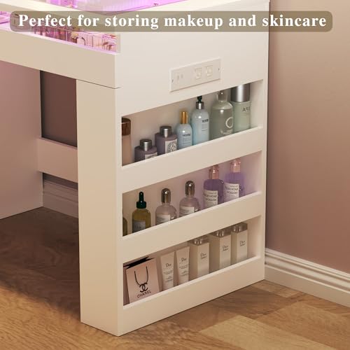 HUAHUU Vanity Desk with Lighted Mirror & Transparent Top, Makeup Vanity Desk with 4 Transparent Drawers and RGB Lighting, Built-in Power Outlet, 3-Tier Side Shelves & Storage Organizer for Bedroom HUAHUU