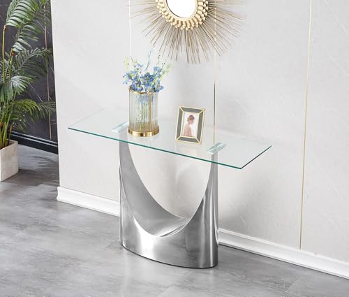 Modern Entryway Console Table with Tempered Glass Top & U Shape Stainless Steel Pedestal Base, Long Consle Table Behind Couch, Hallway Table for Entryway, Living Room Console Table, Foyer Table,Silver TehRecBT
