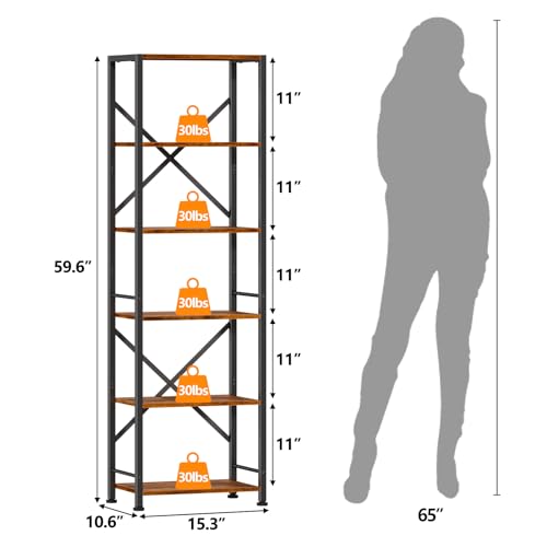 Furologee 6-Tier Rustic Brown Industrial Bookshelf - Narrow Metal and Wood Storage Unit for Home and Office - WoodArtSupply