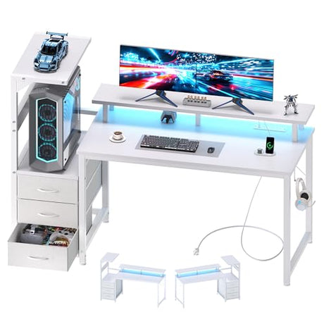 DUMOS L Shaped Gaming Desk with Shelves Storage Drawers 52'', White Computer Desks with LED Lights Power Outlets, Office Wood Table with PC Stand Cable Management for Bedroom Dual Monitor Streaming DUMOS