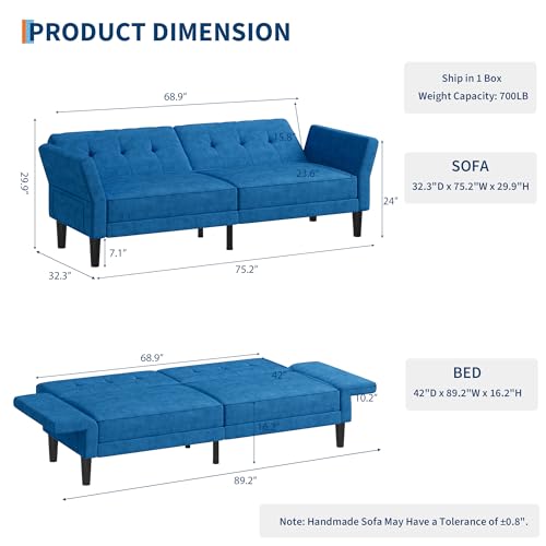 IDEALHOUSE 89" Futon Sofa Bed, Convertible Sleeper Sofa with Adjustable Backrest & Armrest, Modern Futon Couch Bed, Loveseat Sleeper for Living Room Bedroom Apartments, Blue IDEALHOUSE