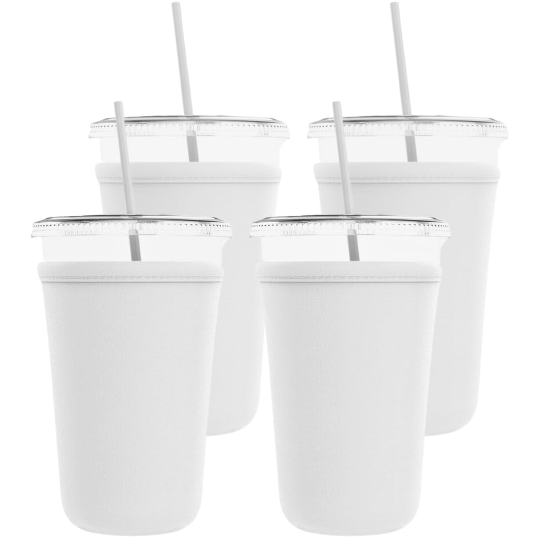 TahoeBay Iced Coffee Cold Cup Sleeve (4-Pack) Reusable Blank Neoprene Insulator Drink Sleeves 22oz - 24oz Beverage Holder for Vinyl Sublimation fits Dunkin' Medium and Starbucks Venti (White)