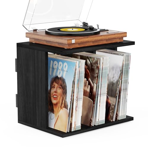 Emfogo Vinyl Record Storage, Record Player Stand Wall Mount Up to 80-100 Albums, 3-Compartment Vinyl Record Holder, Black Emfogo