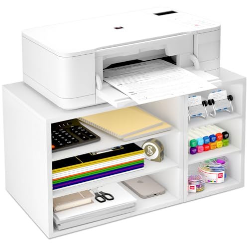 MARTY Printer Stand with Storage for Desk Large Desktop Printer Stand Shelf Riser with 6 Storage Compartments Wood Desk Paper Organzier File Organizer for Home/Office, White MARTY