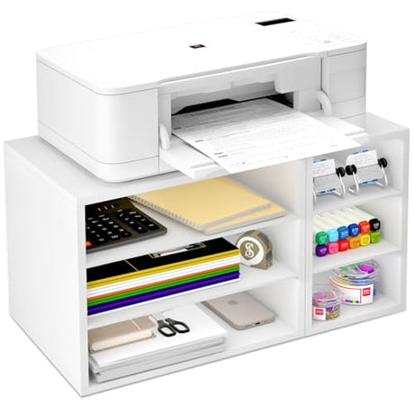 MARTY Printer Stand with Storage for Desk Large Desktop Printer Stand Shelf Riser with 6 Storage Compartments Wood Desk Paper Organzier File Organizer for Home/Office, White MARTY