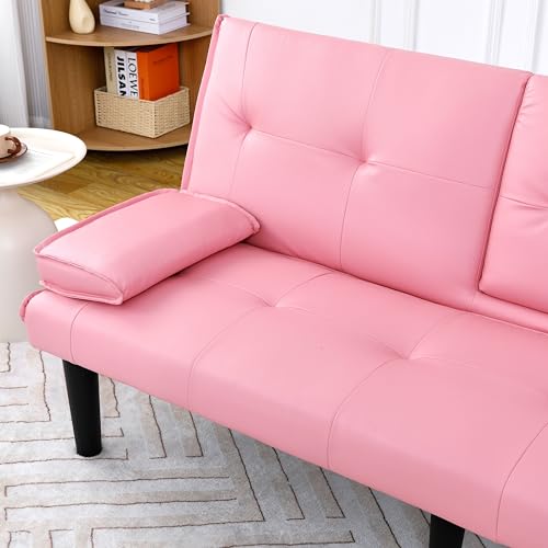 67-inch Multi-Functional Sofa Bed, Foldable Futon Couch with Adjustable Backrest & Cup Holders, Convertible Sleeper for Small Spaces, Living Room, Apartment, Office - Modern PVC Leather Couches(Pink) ALYIAMXL