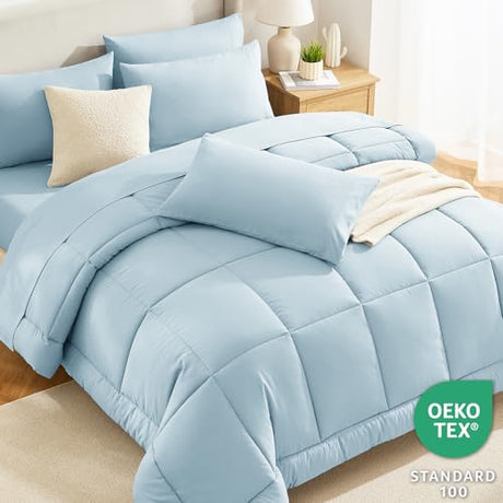 CozyLux Full Size Comforter Sets Light Blue, 7 Pieces Bed in a Bag, Blue Comforter Full Size, All Season Bedding Sets with Stitch Quilted Comforter, Flat Sheet, Fitted Sheet, Pillowcases CozyLux