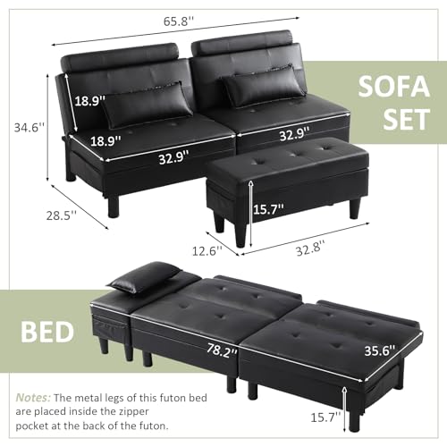BIAOZHIKE Convertible Futon Sofa Bed with Storage Ottoman/Coffee Table, Multifunctional Folding Futon Set, Tufted Loveseat Sleeper Couch for Small Space, Bedroom, Apartment, Dorm (Black) BIAOZHIKE