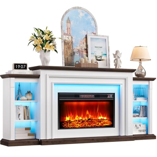 YANSNWO 80" Modern Electric Fireplace TV Stand for TVs Up to 90", Entertainment Center with Mantel, Freestanding Heater, Adjustable Flame, Remote Control, LED Light, Stylish Storage for Living Room YANSNWO