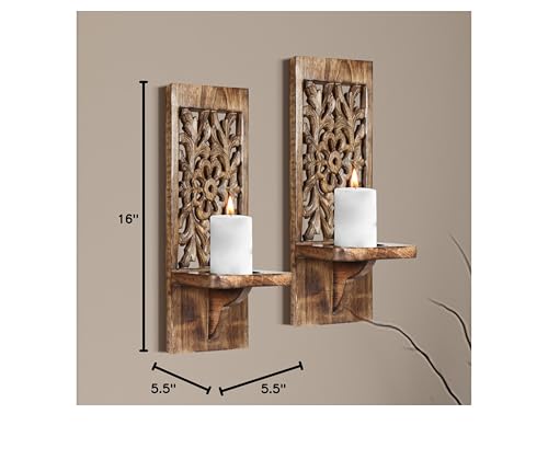 Wall Mounte Candle Sconces Set of 2, Decorative Wooden Candle Holder, Hand Carved Farmhouse Candle Sconce, Perfect for Living Room Bedroom Bedroom Kitchen Wall Decoration - 16 Inch - Burnt An - WoodArtSupply