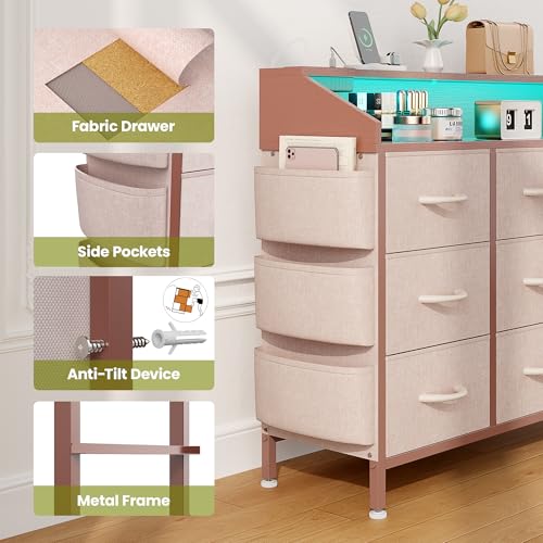 Lulive Dresser for Bedroom with 9 Drawers - Chest of Drawers for Bedroom with LED Light & Charging Station - Kids Adults Chest of Drawers for Living Room Hallway Closet Nursery (Pink) Lulive