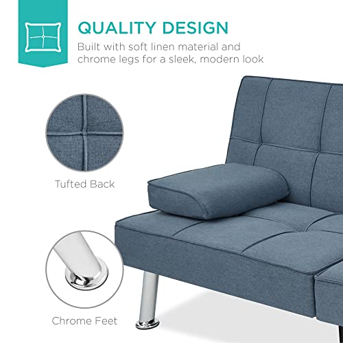 Best Choice Products Linen Modern Folding Futon, Reclining Sofa Bed for Apartment, Dorm w/Removable Armrests, 2 Cupholders - Blue Best Choice Products