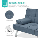 Best Choice Products Linen Modern Folding Futon, Reclining Sofa Bed for Apartment, Dorm w/Removable Armrests, 2 Cupholders - Blue Best Choice Products