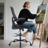 Drafting Chair, Tall Office Chair with PU Leather Seat, Ergonomic Standing Desk Chair with Lumbar Support Counter Height Office Chair with Adjustable Footrest Ring Flip-up Armrests Bondesin