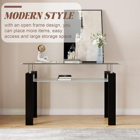 AMHDDT 47" 2-Tier Console Table with Tempered Glass Top and MDF Frame, Modern Black Rectangular Glass Entryway Table for Living Room, Apartment, Office, Easy to Assemble AMHDDT
