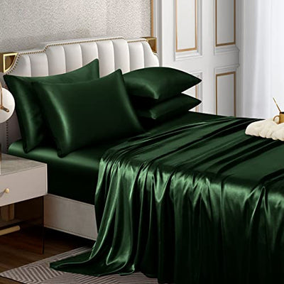 Horbaunal 6 Piece Satin Sheet Set Queen Size Luxury Silky & Soft Emerald Green Satin Queen Bed Sheet Set with 16" Deep Pocket, 1 Fitted Sheet, 1 Flat Sheet, 4 Pillowcases