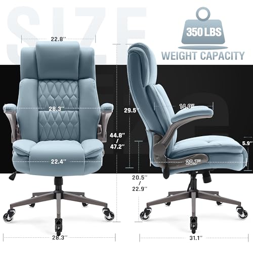 Large High Back Office Chair - Adjustable Lumbar Support Flip Up Arms Heavy Duty Quiet Wheels Metal Base Breathable Bonded Leather Ergonomic Executive Computer Desk Chair with Storage Bags, Blue HAMAOKA