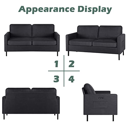 STHOUYN 56" W Fabric Loveseat Sofa with 2 USB, Small Couches for Living Room, Bedroom, Office, Easy Assembly & Comfy Cushion, Dark Grey STHOUYN