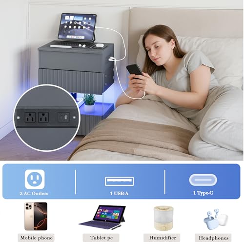 STHOUYN Bedroom LED Nightstand with Gun Drawers, Grey Modern Night Stand with USB & Type-C Charging Station, Smart Nightstand Noght Stand, Bedside Table Gun Safe Side End Tables Office (1, Grey) STHOUYN