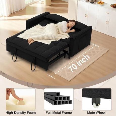 3 In 1 Corduroy Convertible Sofa Bed,Pull Out Couch Bed with Reclining Backrest And 2 Pillows, 54" Full Size Loveseat Sleeper Sofa Futon Couch Bed, Couches For Small Spaces, Living Room (Black ①) Xinmviec